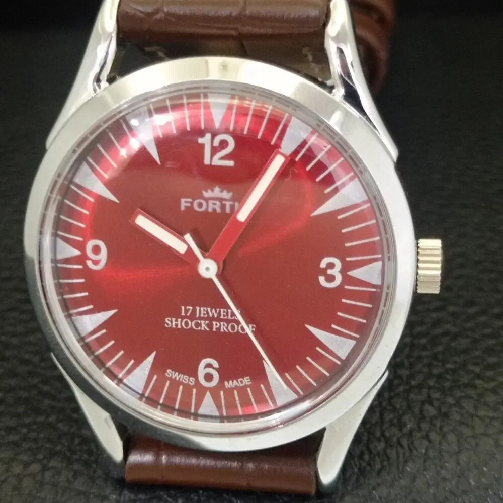 Vintage 1983 Fortis Manual Mens Silver Watch W/Leather Strap & Red accents
